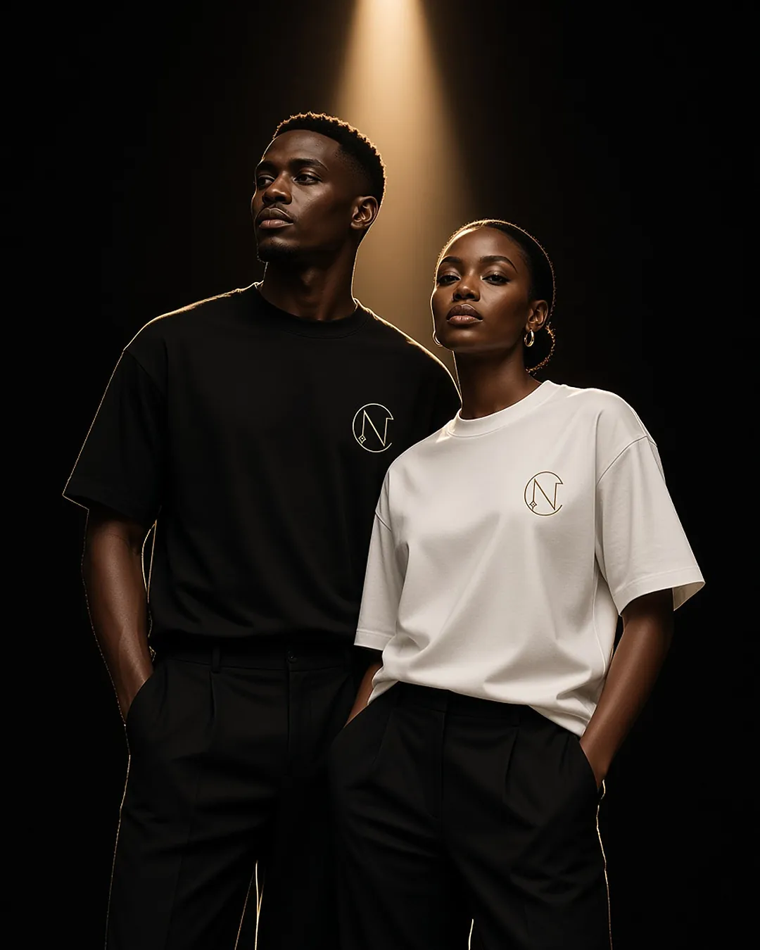 Two people wearing Nuvira Cantono tees in black and ivory